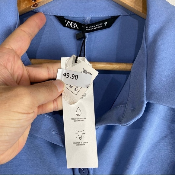 Zara Ruched Draped Fitted Full Button Up Down Blue Mini Shirt Dress Medium (NWT) - Picture 3 of 5